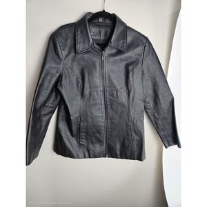 Jacqueline Ferrar Womens Size Large Black Genuine Leather Zipper Jacket Lined